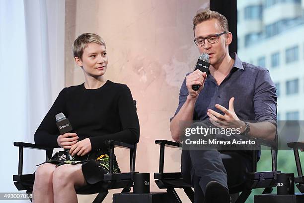 Actors Mia Wasikowska and Tom Hiddleston attend AOL BUILD presents "Crimson Peak" at AOL Studios on October 16, 2015 in New York City.