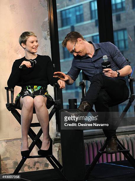Actors Mia Wasikowska and Tom Hiddleston attend AOL BUILD Presents "Crimson Peak" at AOL Studios In New York on October 16, 2015 in New York City.