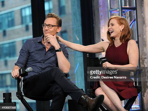 Actors Tom Hiddleston and Jessica Chastain attend AOL BUILD Presents "Crimson Peak" at AOL Studios In New York on October 16, 2015 in New York City.