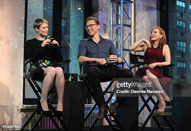 Actors Mia Wasikowska, Tom Hiddleston and Jessica Chastain attend AOL BUILD Presents "Crimson Peak" at AOL Studios In New York on October 16, 2015 in...
