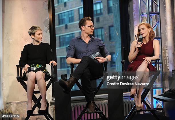 Actors Mia Wasikowska, Tom Hiddleston and Jessica Chastain attend AOL BUILD Presents "Crimson Peak" at AOL Studios In New York on October 16, 2015 in...