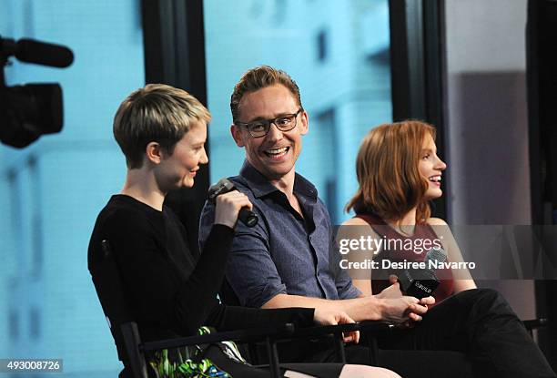 Actors Mia Wasikowska, Tom Hiddleston and Jessica Chastain attend AOL BUILD Presents "Crimson Peak" at AOL Studios In New York on October 16, 2015 in...