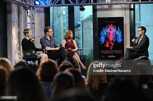 Actors Mia Wasikowska, Tom Hiddleston, Jessica Chastain and moderator Ricky Camilleri attend AOL BUILD Presents "Crimson Peak" at AOL Studios In New...