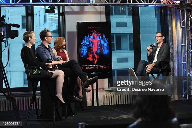 Actors Mia Wasikowska, Tom Hiddleston, Jessica Chastain and moderator Ricky Camilleri attend AOL BUILD Presents "Crimson Peak" at AOL Studios In New...