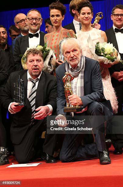 Armin Rohde and Michael Gwisdeck with award during the Hessian Film and Cinema Award 2015 at Alte Oper on October 16, 2015 in Frankfurt am Main,...
