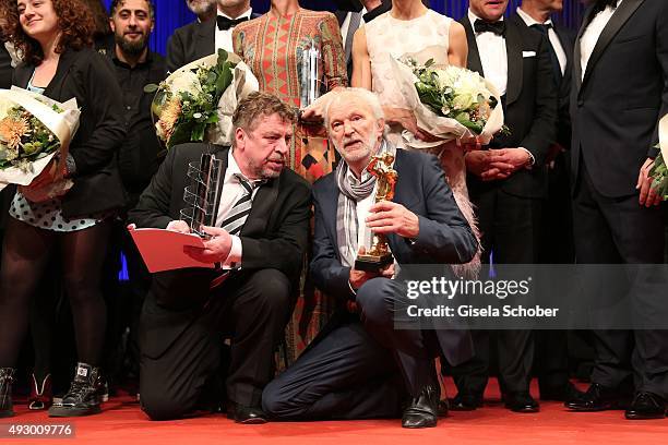 Armin Rohde and Michael Gwisdeck with award during the Hessian Film and Cinema Award 2015 at Alte Oper on October 16, 2015 in Frankfurt am Main,...