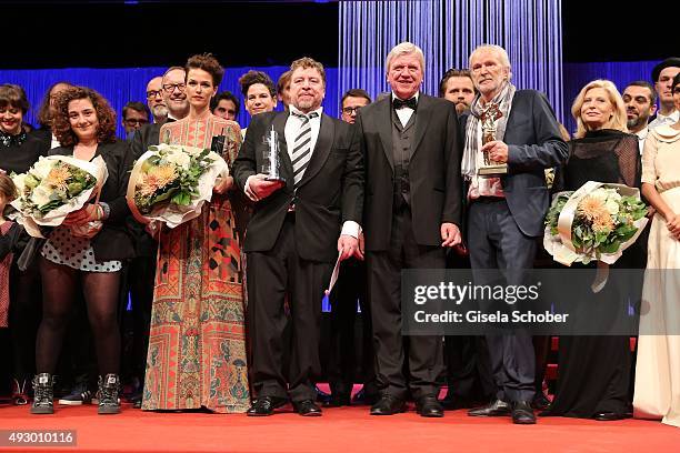 Melika Foroutan, Armin Rohde, Volker Bouffier, Michael Gwisdeck and Sabine Postel during the Hessian Film and Cinema Award 2015 at Alte Oper on...