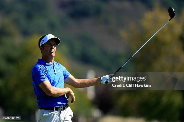 Stuart Appleby of Australia plays his shot from the ninth tee during the second round of the Frys.com Open on October 16, 2015 at the North Course of...