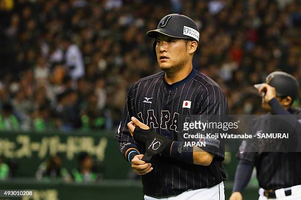 Yoshitomo Tsutsugo in action during the game four of Samurai Japan and MLB All Stars at Tokyo Dome on November 16, 2014 in Tokyo, Japan.