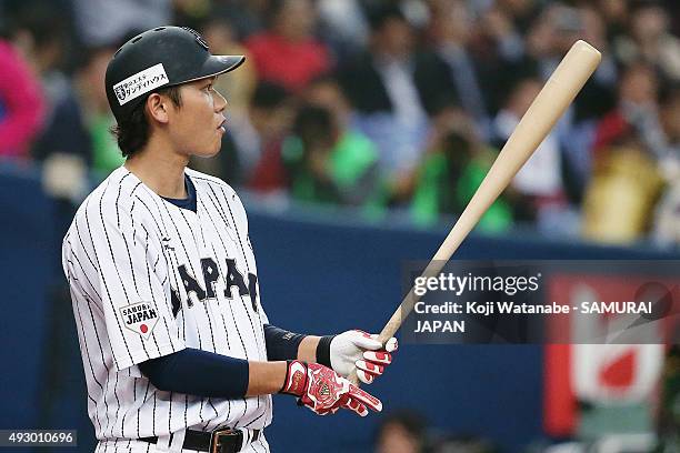 Hayato Sakamoto of Samurai Japan is seen during the game one of Samurai Japan and MLB All Stars at Kyocera Dome Osaka on November 12, 2014 in Osaka,...
