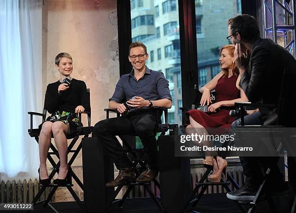 Actors Mia Wasikowska, Tom Hiddleston and Jessica Chastain attend AOL BUILD Presents "Crimson Peak" at AOL Studios In New York on October 16, 2015 in...