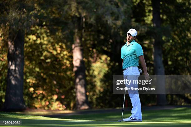 Rory McIlroy of Northern Ireland putts on the ninth green during the second round of the Frys.com Open on October 16, 2015 at the North Course of the...