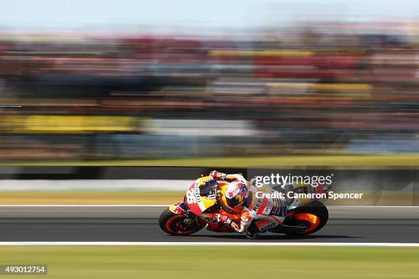Dani Pedrosa of Spain and Repsol Honda rides during qualifying for the 2015 MotoGP of Australia at Phillip Island Grand Prix Circuit on October 17,...