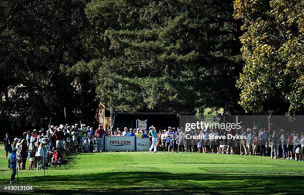 Rory McIlroy of Northern Ireland plays his shot from the seventh tee during the second round of the Frys.com Open on October 16, 2015 at the North...