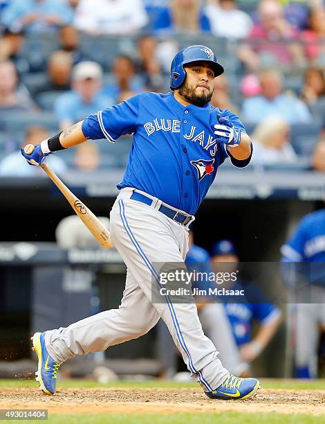 Dioner Navarro of the Toronto Blue Jays in action against the New York Yankees at Yankee Stadium on September 12, 2015 in the Bronx borough of New...