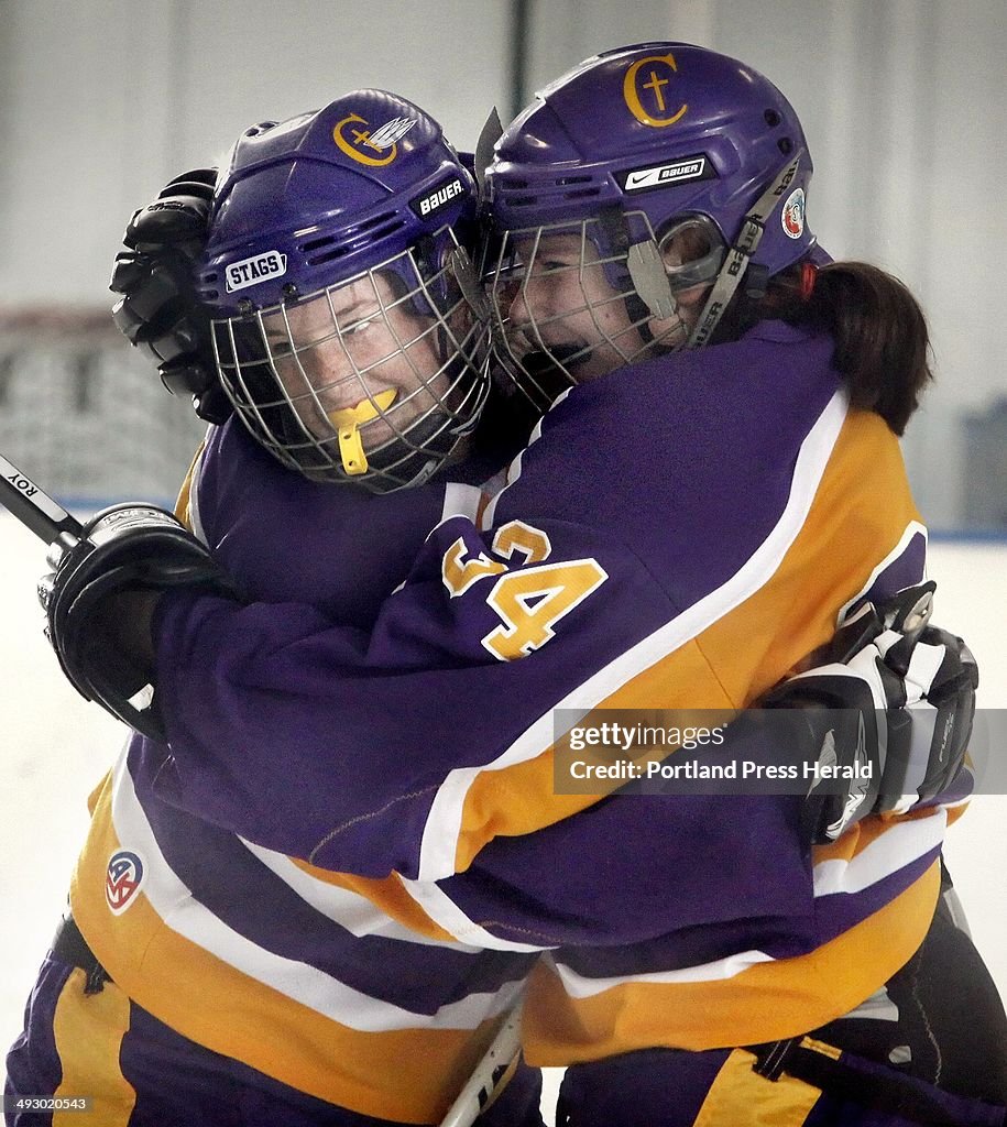 Katie Roy, right, celebrates one of her two goals with Brianna Amato during Cheverus' 5-1 win over Y