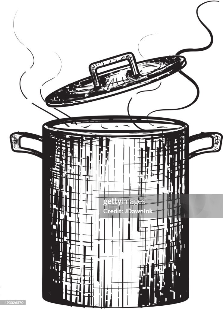 Blanco y negro grabado en madera sopa simmering tapa abierta olla de vapor
