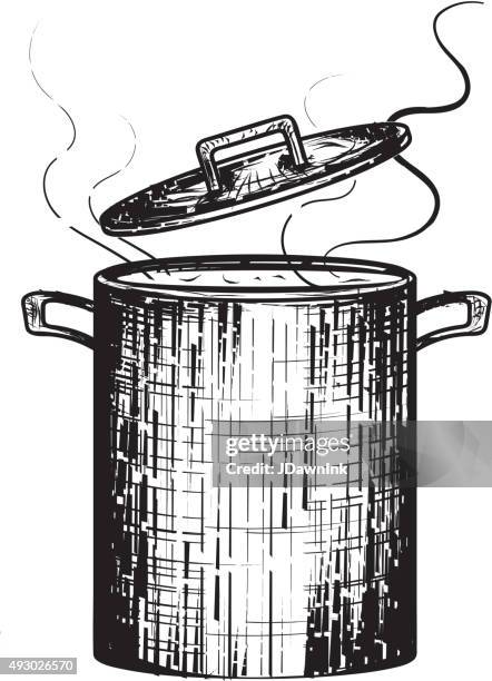 black and white woodcut soup pot  simmering steam open lid - cooking pan stock illustrations