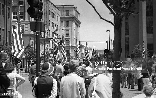 From the Bicentennial : July 4, 1976 July 4th festivities around Portland A parade on Congress St., Portland, passes Monument Square
