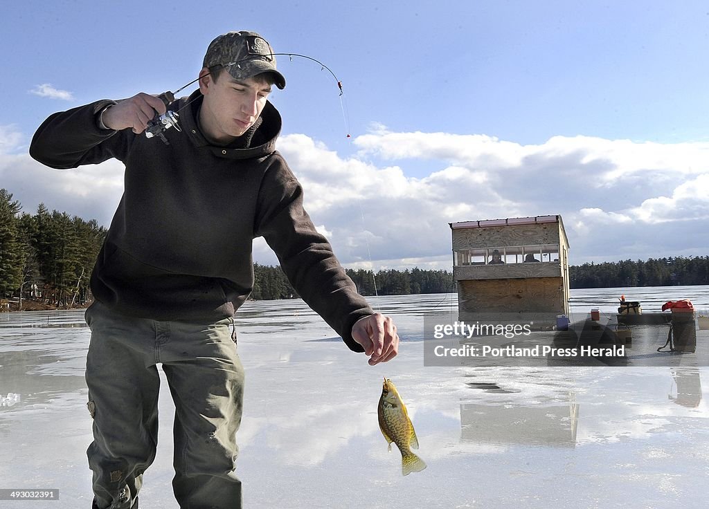 Thurs. , Feb. 23, 2012. Sanford HS senior Jeff Lemay is conducting a ice fishing project catching an