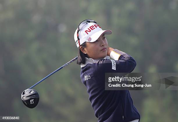 Jin-Young Ko of South Korea plays a tee shot on the 2nd hole during round three of the LPGA KEB HanaBank on October 17, 2015 in Incheon, South Korea.