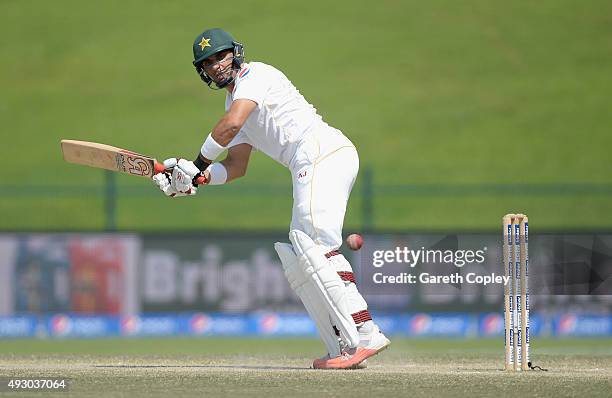 Pakistan captain Misbah-ul-Haq bats during day five of the 1st Test between Pakistan and England at Zayed Cricket Stadium on October 17, 2015 in Abu...