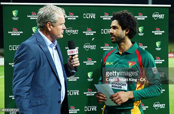 Dominic Michael of the Tigers accepts the Matador Cup Player of the Match Award for commentator Tom Moody during the Matador BBQs One Day Cup match...
