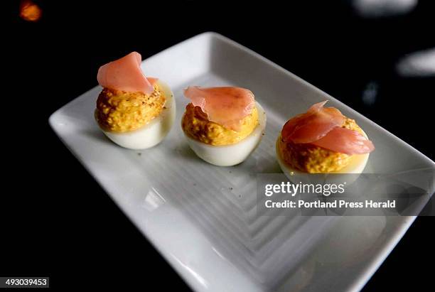 Carrot & pickle ginger deviled eggs made by sous chef Skye Bonney at the Black Birch in Kittery Wednesday, March 20, 2013.