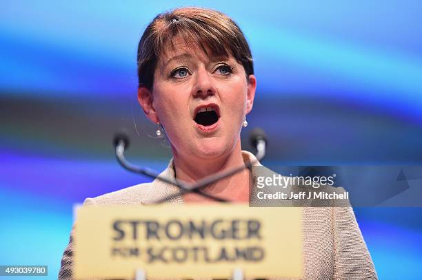 Leanne Wood, the Plaid Cymru leader addresses the 81st annual SNP conference at the Aberdeen Exhibition and Conference Centre on October 17, 2015 in...