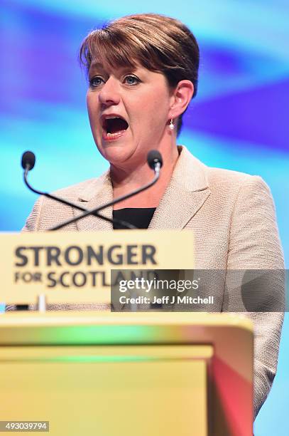 Leanne Wood, the Plaid Cymru leader addresses the 81st annual SNP conference at the Aberdeen Exhibition and Conference Centre on October 17, 2015 in...