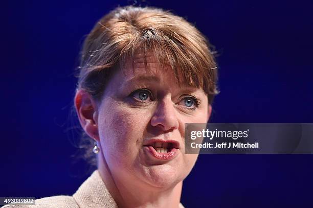 Leanne Wood, the Plaid Cymru leader addresses the 81st annual SNP conference at the Aberdeen Exhibition and Conference Centre on October 17, 2015 in...