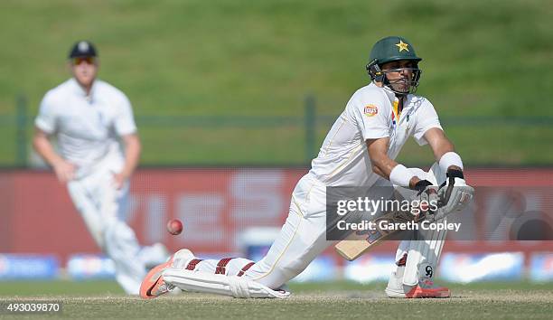 Pakistan captain Misbah-ul-Haq bats during day five of the 1st Test between Pakistan and England at Zayed Cricket Stadium on October 17, 2015 in Abu...