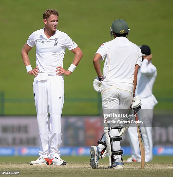 Stuart Broad of England reacts during day five of the 1st Test between Pakistan and England at Zayed Cricket Stadium on October 17, 2015 in Abu...