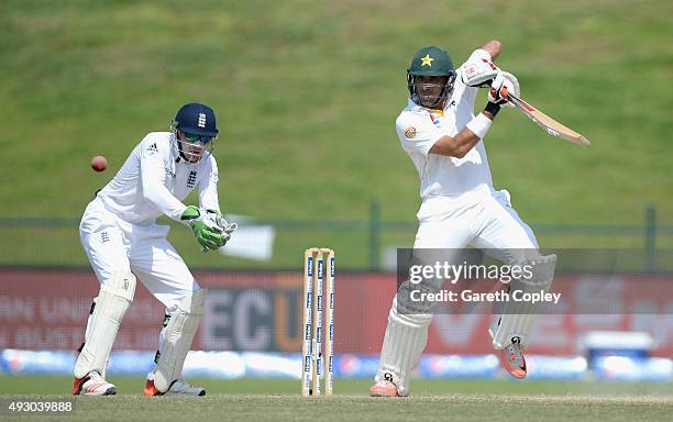 Pakistan captain Misbah-ul-Haq bats during day five of the 1st Test between Pakistan and England at Zayed Cricket Stadium on October 17, 2015 in Abu...