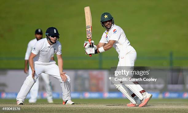 Pakistan captain Misbah-ul-Haq bats during day five of the 1st Test between Pakistan and England at Zayed Cricket Stadium on October 17, 2015 in Abu...