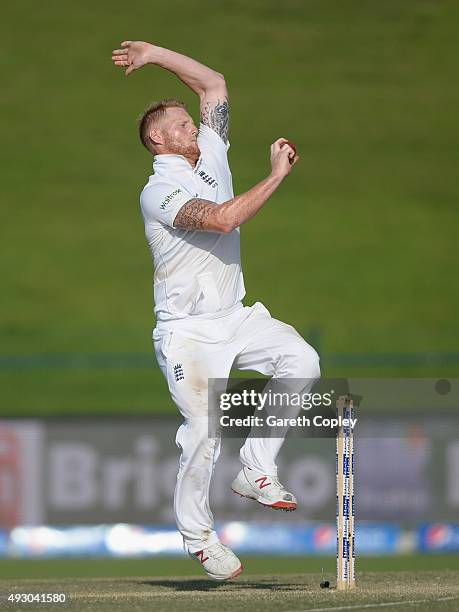 Ben Stokes of England bowls during day five of the 1st Test between Pakistan and England at Zayed Cricket Stadium on October 17, 2015 in Abu Dhabi,...