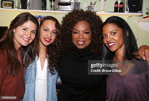 Phillipa Soo, Jasmine Cephas Jones, Oprah Winfrey and Renee Elise Goldsberry pose backstage at the hit musical "Hamilton" on Broadway at The Richard...