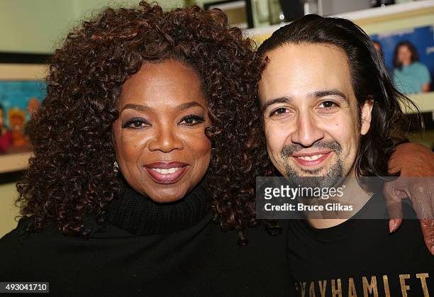Oprah Winfrey and Lin-Manuel Miranda pose backstage at the hit musical "Hamilton" on Broadway at The Richard Rogers Theater on October 16, 2015 in...