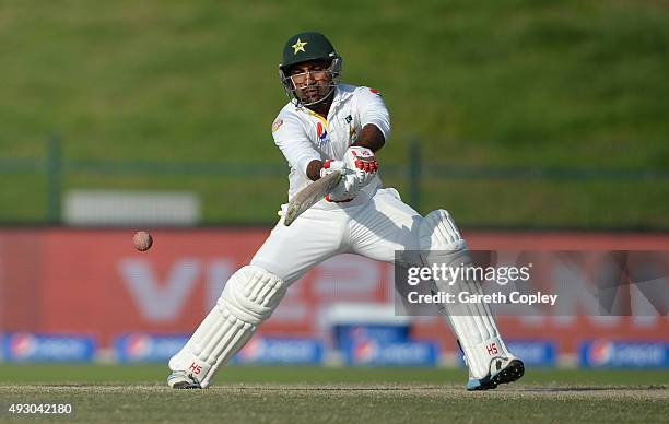 Sarfraz Ahmed of Pakistan bats during day five of the 1st Test between Pakistan and England at Zayed Cricket Stadium on October 17, 2015 in Abu...
