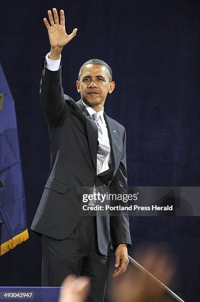 Friday March 30, 2012 -- President Barack Obama addresses followers at SMCC in South Portland. Obama waves goodbye following his address at SMCC.