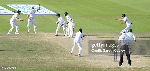 James Anderson of England catches out Zulfiqar Babar of Pakistan from the bowling of Adil Rashid during day five of the 1st Test between Pakistan and...