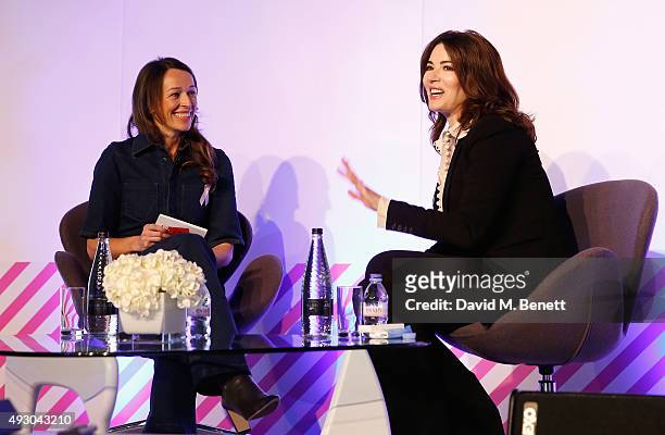 Stylist Editor Lisa Smosarski and Nigella Lawson on stage during day three of Stylist Magazine's first ever 'Stylist Live' event at the Business...