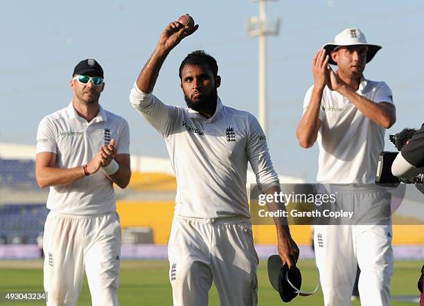 Adil Rashid of England salutes the crowd as he leaves the field after claiming 5 wicket haul during day five of the 1st Test between Pakistan and...