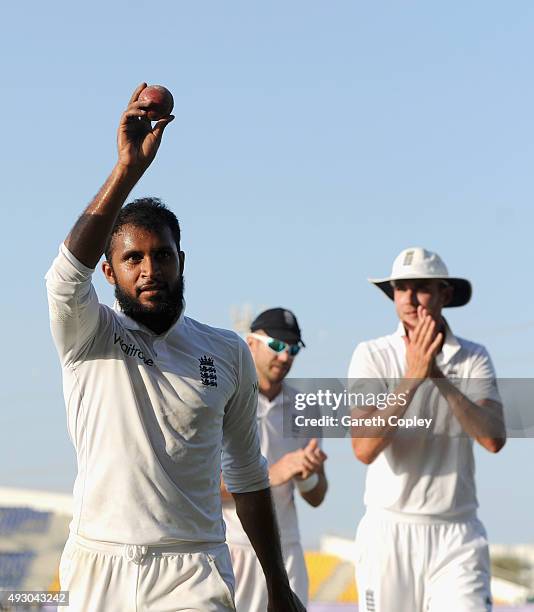 Adil Rashid of England salutes the crowd as he leaves the field after claiming 5 wicket haul during day five of the 1st Test between Pakistan and...