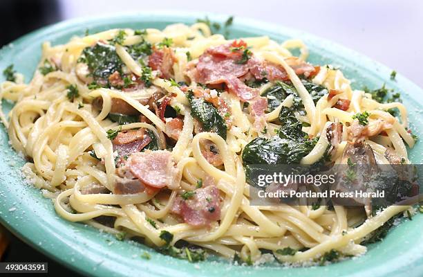 The linguini carbonara with pancetta, baby portabella mushrooms and spinach sauteed in olive oil and tossed with linguini in carbonara sauce of eggs,...