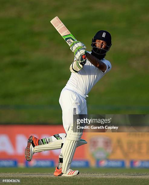 Moeen Ali of England bats during day five of the 1st Test between Pakistan and England at Zayed Cricket Stadium on October 17, 2015 in Abu Dhabi,...
