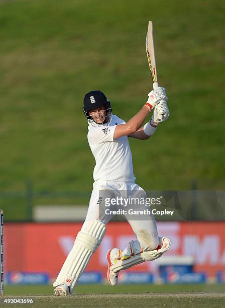 Joe Root of England bats during day five of the 1st Test between Pakistan and England at Zayed Cricket Stadium on October 17, 2015 in Abu Dhabi,...