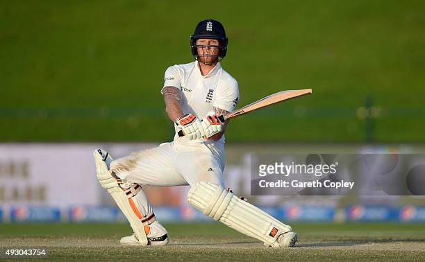 Ben Stokes of England bats during day five of the 1st Test between Pakistan and England at Zayed Cricket Stadium on October 17, 2015 in Abu Dhabi,...