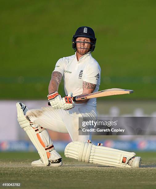 Ben Stokes of England bats during day five of the 1st Test between Pakistan and England at Zayed Cricket Stadium on October 17, 2015 in Abu Dhabi,...