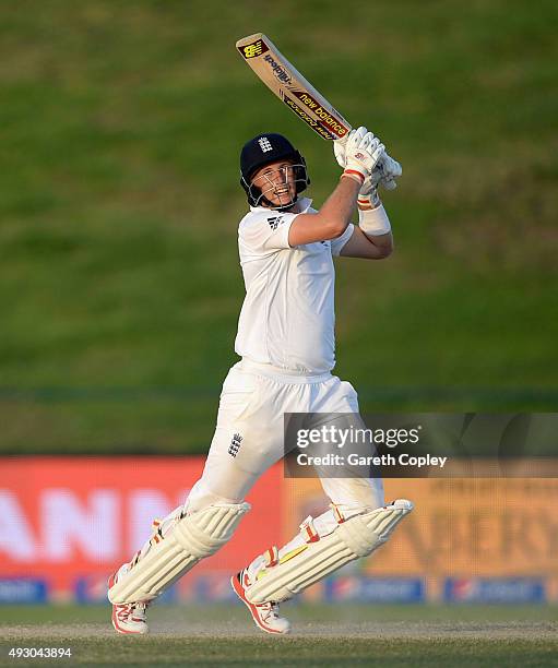 Joe Root of England bats during day five of the 1st Test between Pakistan and England at Zayed Cricket Stadium on October 17, 2015 in Abu Dhabi,...